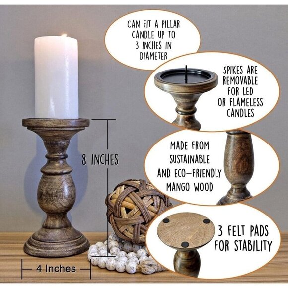 2x Mainevent Tall Pillar Candle Holder 8 in Dark Brown Rustic Wood Decor - Picture 5 of 15